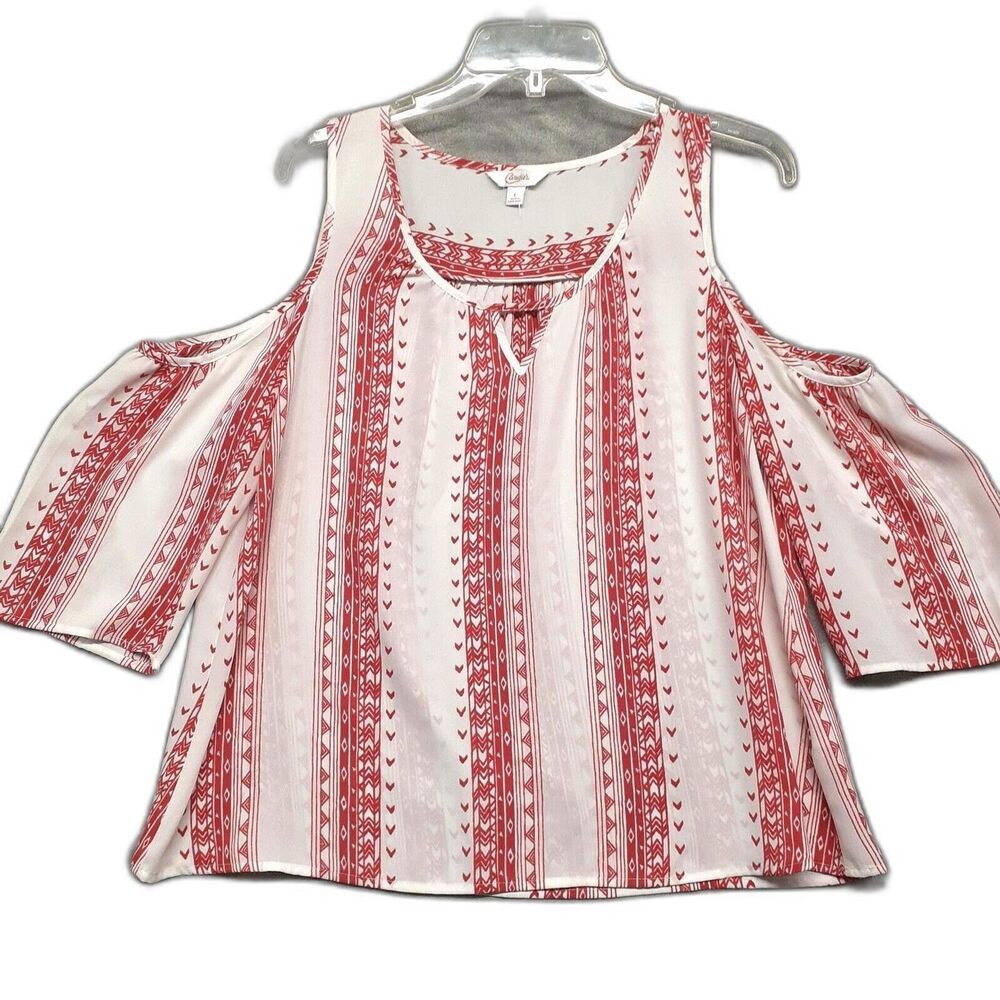 Candie's Women Sz L Red White Aztec Stripe Cold Shoulder Peekaboo Blouse Y2K